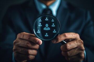 Human Resource Management HRM concept. Businessman holding magnifier for searching to human icons for human development and recruitment concept