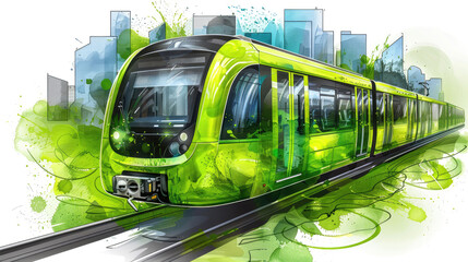 Naklejka premium A green train is traveling down a track with a city in the background