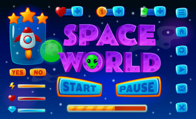 Game level UI. Complete interface. Space world. Cartoon award icons. Start button. Galaxy adventure gaming elements. Menu logo. Gamer board. Spaceship winner. GUI signs set. Vector tidy background © Natalia