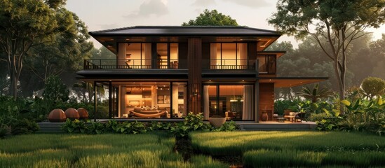 Tranquil Twilight A Stunning D Rendered Modern House Amidst Lush Rice Paddies at Sunset
