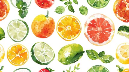 A watercolor painting of various fruits and vegetables, including oranges