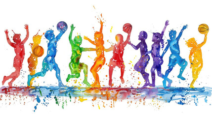 A group of children playing sports, including basketball, soccer, and tennis