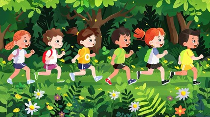 A group of children are running through a forest