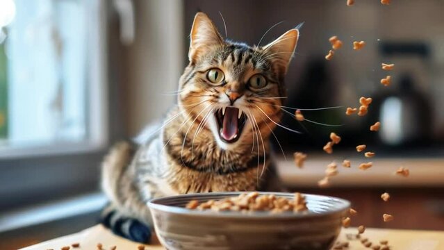 Surprised cat with flying food pieces
