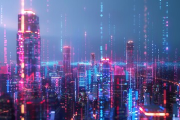 Fototapeta premium 5G network digital hologram and internet of things on city background.5G network wireless systems