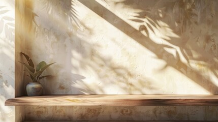 A shelf with a vase of a plant on it. The plant is in a pot and is placed on a wooden shelf