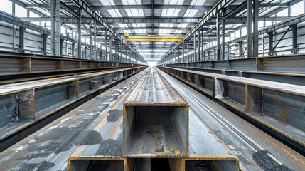 Obraz premium A vast warehouse brimming with an abundance of steel beams neatly stacked in rows, showcasing the raw industrial beauty of the space