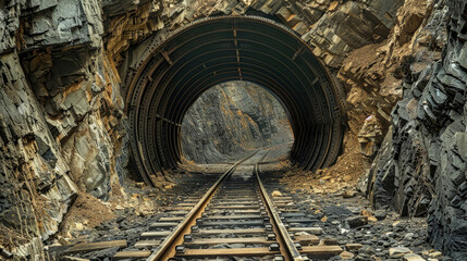 Naklejka premium A train tunnel cuts through the heart of a towering mountain, creating a mystical and awe-inspiring passageway deep within the earth