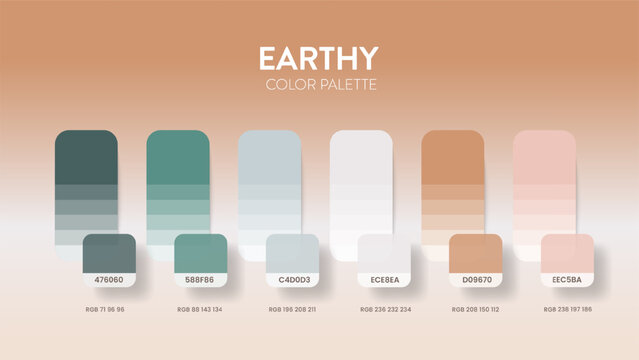 Color palette guide in Earthy colour theme collections. Color inspiration or chart with codes template. Color combination RGB. Colors swatches for graphic design, art, fashion or painting. Vector.