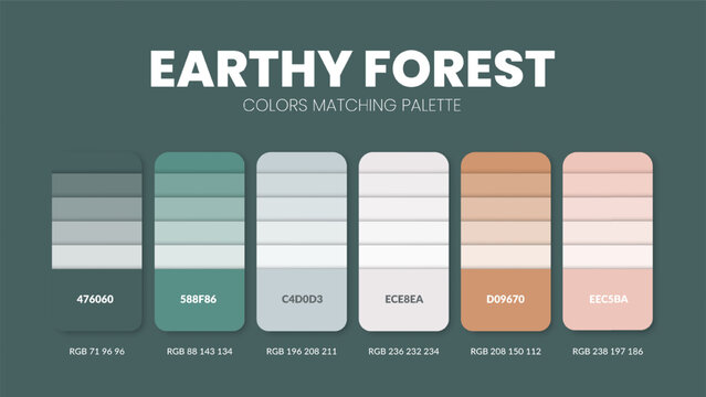 Color palette guide in Earthy colour theme collections. Color inspiration or chart with codes template. Color combination RGB. Colors swatches for graphic design, art, fashion or painting. Vector.