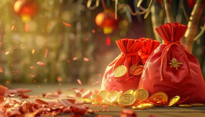 A festive scene for Chinese New Year featuring red bags with gold coins and lucky charms, ideal for representing prosperity and celebration