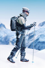 Mountain, peak and man in snow for hiking, extreme sport and trekking on winter travel adventure in nature. Challenge, ice and hiker on cliff with backpack, walking stick or gear for outdoor climbing