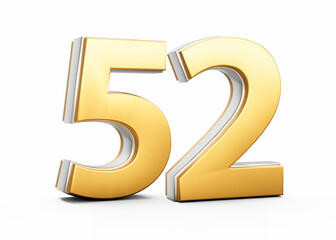 3D Golden Shiny Number 52 Fifty Two With Silver Outline On White Background 3D Illustration