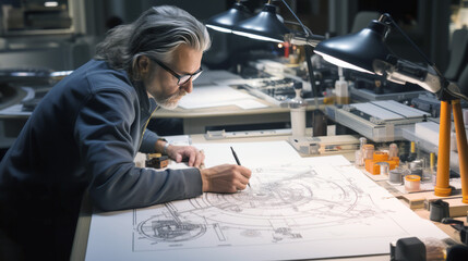 An engineer working on technical drawings at his desk, with a focus on detail and precision, set against a workshop background, depicting the concept of innovation. Generative AI