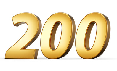 3d number 200 two hundred Gold text isolated on white background with reflection 3d illustration
