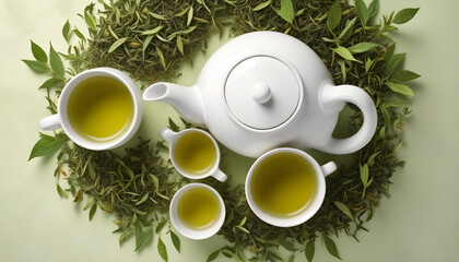 Obraz na płótnie Canvas Tea set White cups and teapot Green herbal tea Overhead 11