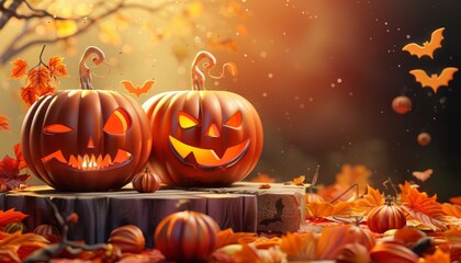 Fototapeta premium A Halloween-themed podium with pumpkins and an orange autumn backdrop, set in a spooky 3D-rendered scene for festive product displays