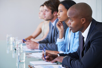 Business, people and water in boardroom with paper for writing notes in finance presentation. Corporate lawyers, conference and documents for diversity, strategy or planning company growth in office