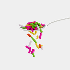 Rainbow Sprinkles For Cakes And Bakery Items Rest On Silver Spoon Few Trickle Down 3D Illustration