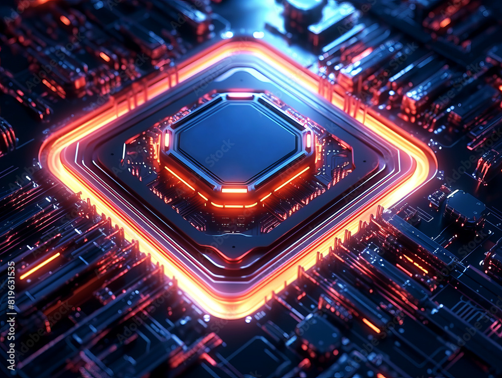 Poster a glowing microchip on a circuit board, digital style, dark background, concept of technology. gener