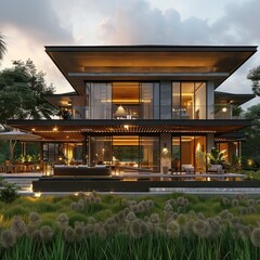 Modern TwoStory Villa Amidst Serene Golden Rice Fields at Sunset