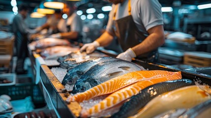 A man is cutting fish at a fish market