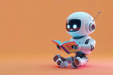Cheerful 3D robot enjoying a book with copy space for text, conveying a friendly atmosphere