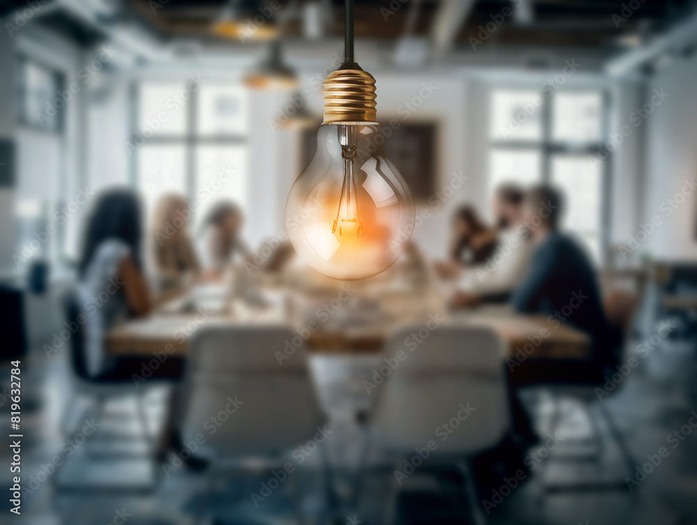 Poster close-up of a glowing lightbulb with blurred office meeting in the background, symbolizing a creativ
