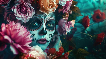 D&iacute;a de Muertos and Halloween celebration with sugar skull makeup. Mexican Day of the Dead woman dressed in floral skull makeup.