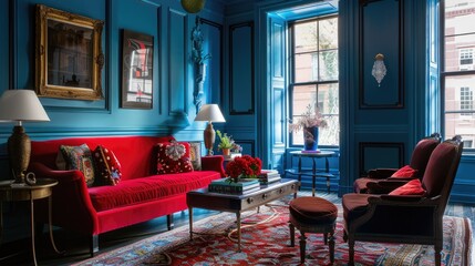 A blue room with a red couch and two chairs. The room is decorated with a lot of red accents