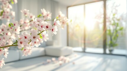 A Modern Blurred Interior Bathed in Soft, Natural Light, easter interior, bouquet home, window interior flower, spring shelf, cozy spring