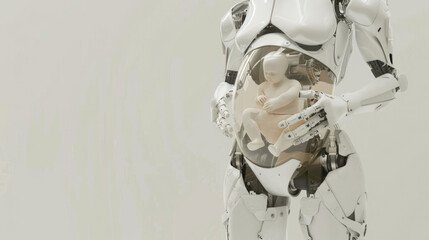 Pregnant robot woman with a belly is raising a human baby. Future technologies. Cyborg pregnancy. Futuristic world.
