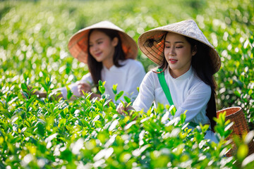 two asian woman wearing  white vietnamese dress with hat and basket standing picking tea leaf in...