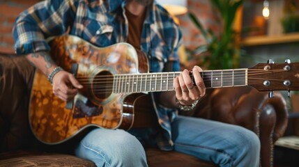 Relaxing Evening Melodies - Man Playing Guitar in Cozy Living Room Setting