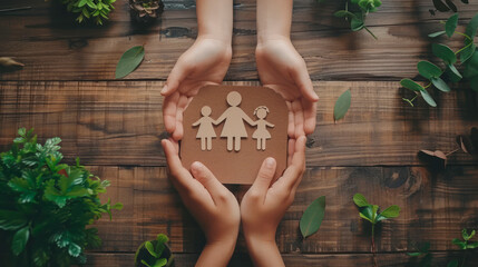 Multiple hands cradling a paper family cutout, symbolizing protection and unity, set against a wooden background with plants. Generative AI