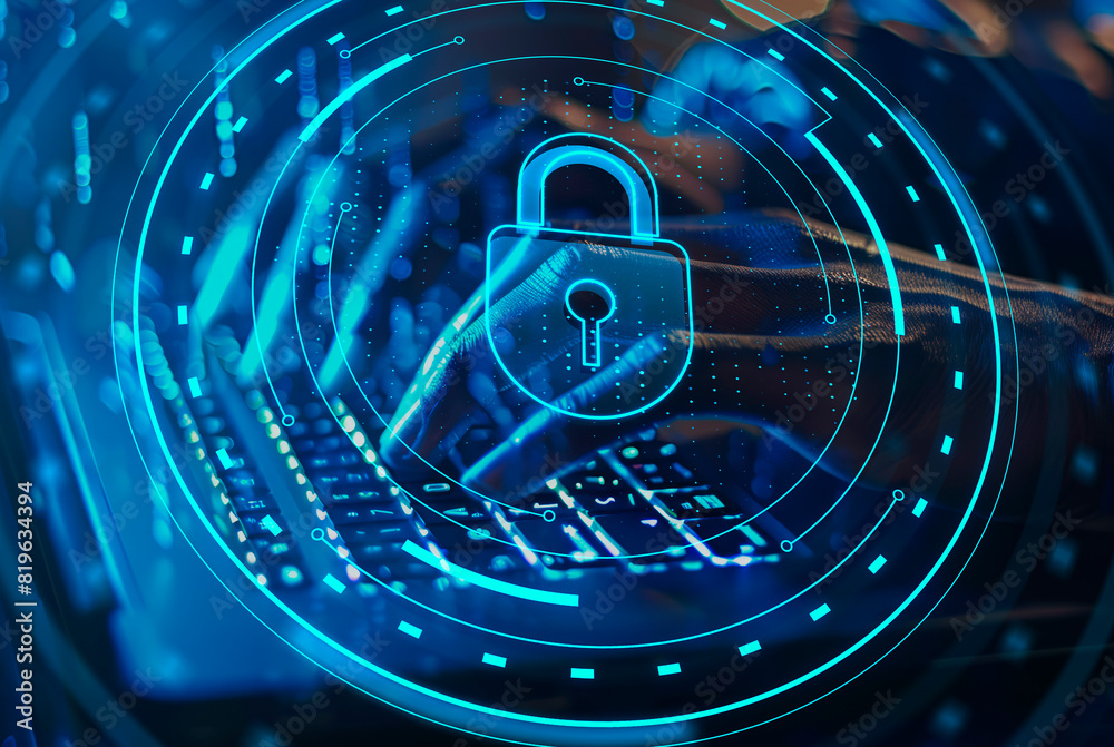 Poster a digital padlock symbol over a keyboard, illustrating cybersecurity concept on a blue digital backg