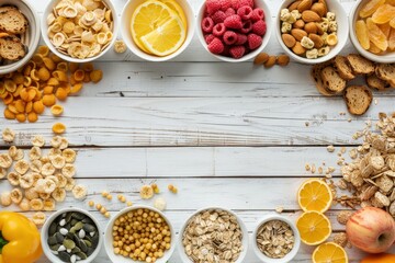 Healthy breakfast ingredients forming side border on light wood background, top view with copy space