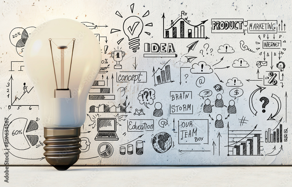 Poster An illuminated light bulb with business and creative concept doodles on a textured white background. Generative AI