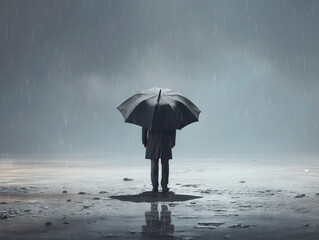 Person with umbrella standing in rain on wet surface, moody atmosphere, background concept of solitude. Generative AI
