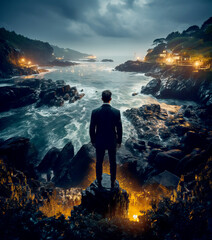 A man standing on a rocky outcrop overlooking a dramatic coastal scene with lights and a stormy...