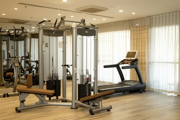 Fototapeta premium Modern fitness center interior with complete bodybuilding equipment and machines