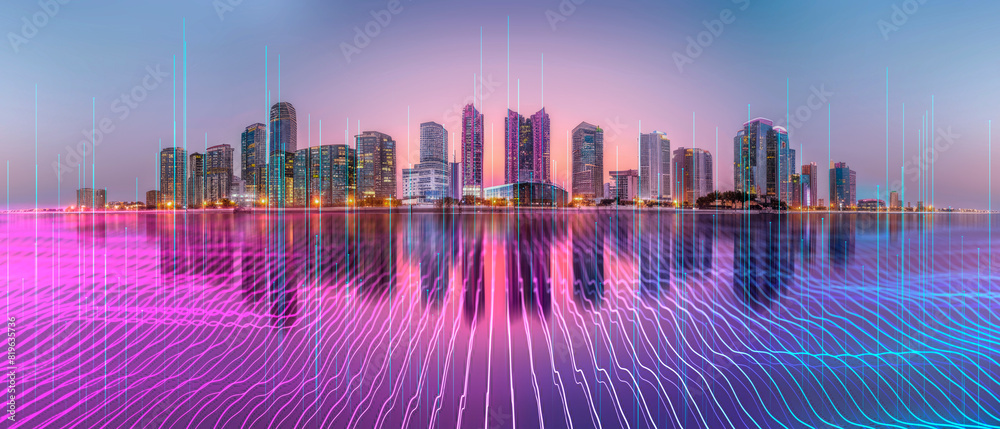Poster A city skyline at dusk with neon grid lines superimposed, against a twilight background, visualizing a digital concept. Generative AI