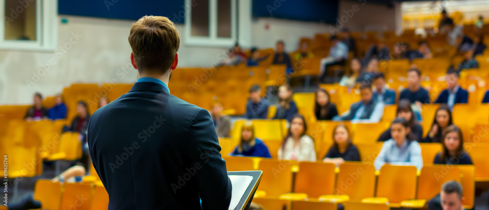 Poster a person presenting to an audience in a lecture hall, focus on the speaker, blurred background, conc