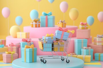 sale discount background, with trolley, gift boxes, shopping box in 3d by generative ai