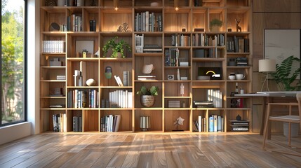 Minimalist office bookcase adorned with decor, creating a warm interior ambiance