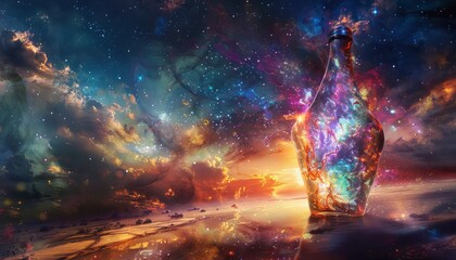 An imaginative scene combining an enigmatic nebula with a beautifully designed bottle, merging cosmic and artistic themes