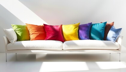 An interior design image of a white sofa with colorful cushions, set against a white background for a clean and modern home decor look