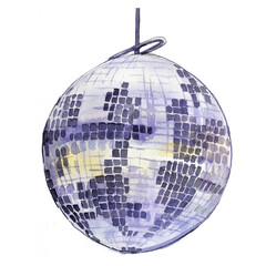 Silver disco ball isolated on white. Watercolor discoball clipart.