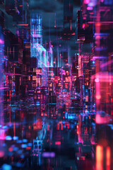 abstract futuristic cityscape at night with neon lights and holographic elements, 3D glitch pattern, photorealistic // ai-generated 