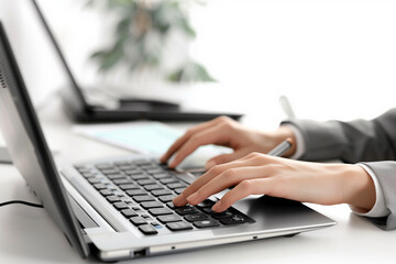 Close up of hands of Accountant, Auditor, financial consultant or adviser for investments. with a calculator working on a laptop at a white desk, a businesswoman in a grey suit usi